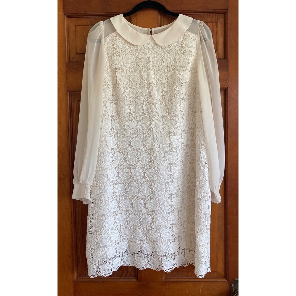 Eliza J Womenas 14 Ivory Floral Lace Peter Pan Collar Mod Shift Dress Twee 60s